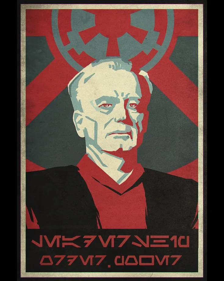 A stylized propaganda poster features a stern-looking older man with a red and gray color scheme, set against a background…