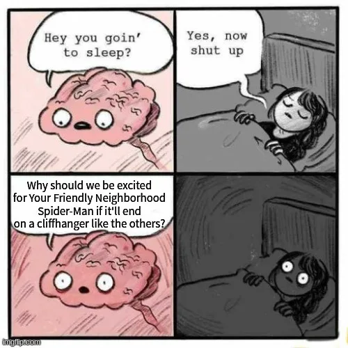 A four-panel comic strip shows a pink brain asking if someone is going to sleep, then asking why they should be excited for…