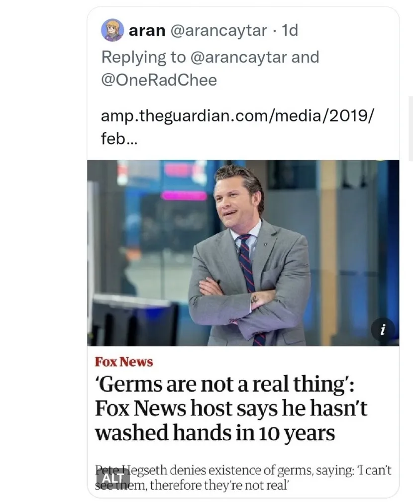 A screenshot of a tweet showing a photo of Fox News host Pete Hegseth with arms crossed, smiling, overlaid with a Guardian…
