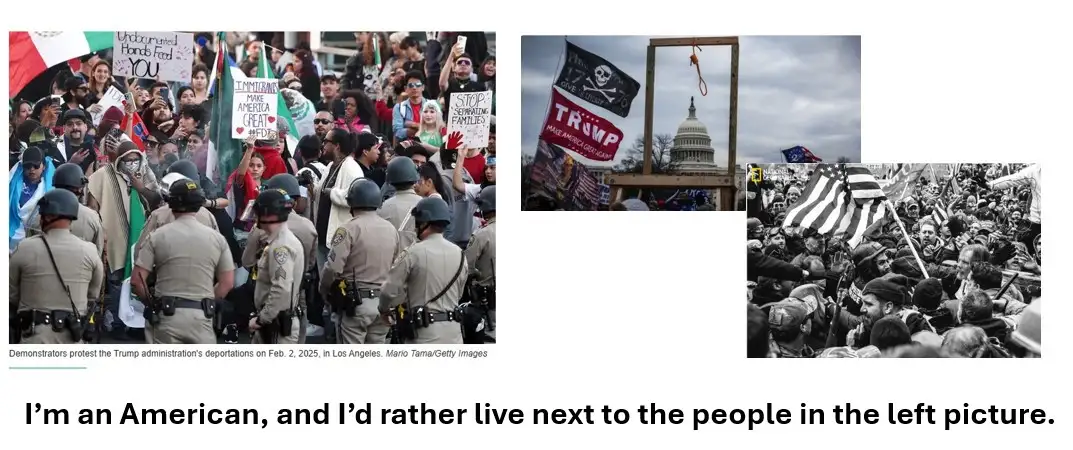 The image is a collage of three photos: the left shows protesters against deportations facing police in Los Angeles; the…
