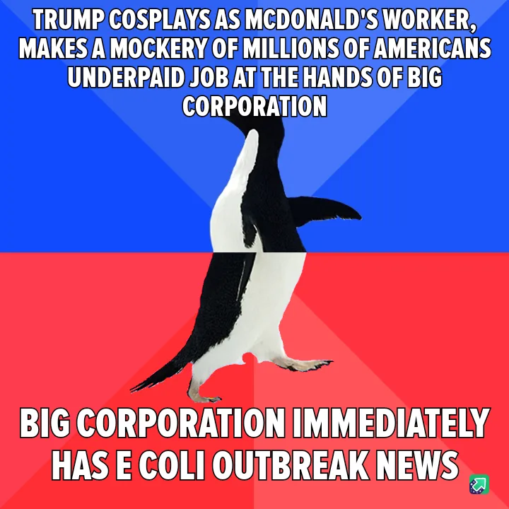 A penguin stands upright in the center of the image, split by a horizontal blue and red background. The top text accuses…