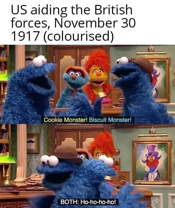 The image is a two-panel meme featuring Cookie Monster and another blue monster in a room with a red-haired puppet. In the…