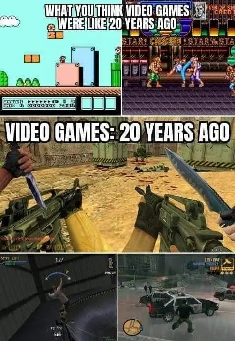The image is a four-panel meme comparing perceptions of old video games with reality. The top-left shows a simple 8-bit…