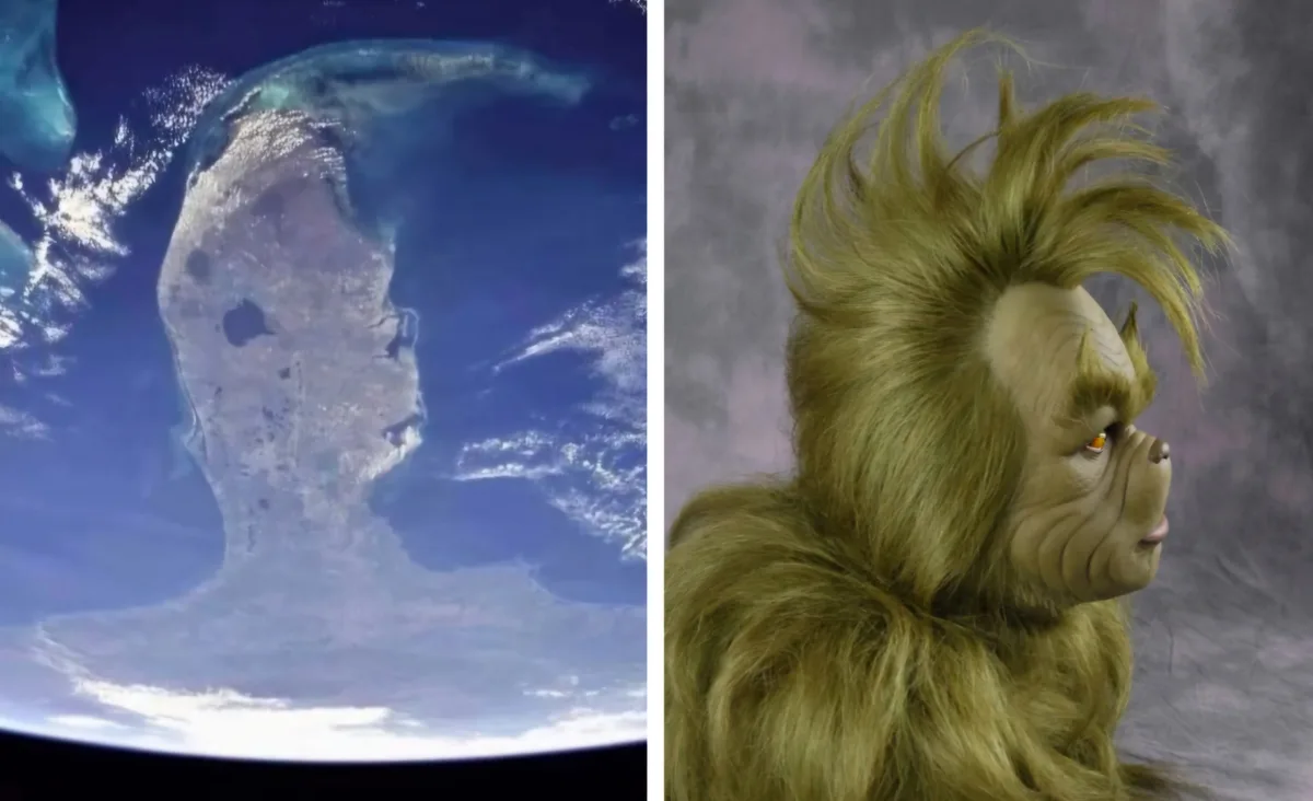 The image is split: left side shows a satellite view of a landmass in the shape of a human face, right side shows the Grinch…