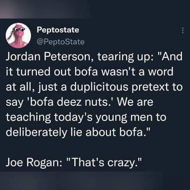 A screenshot of a tweet from user Peptostate shows a fictional quote attributed to Jordan Peterson, where he is said to be…