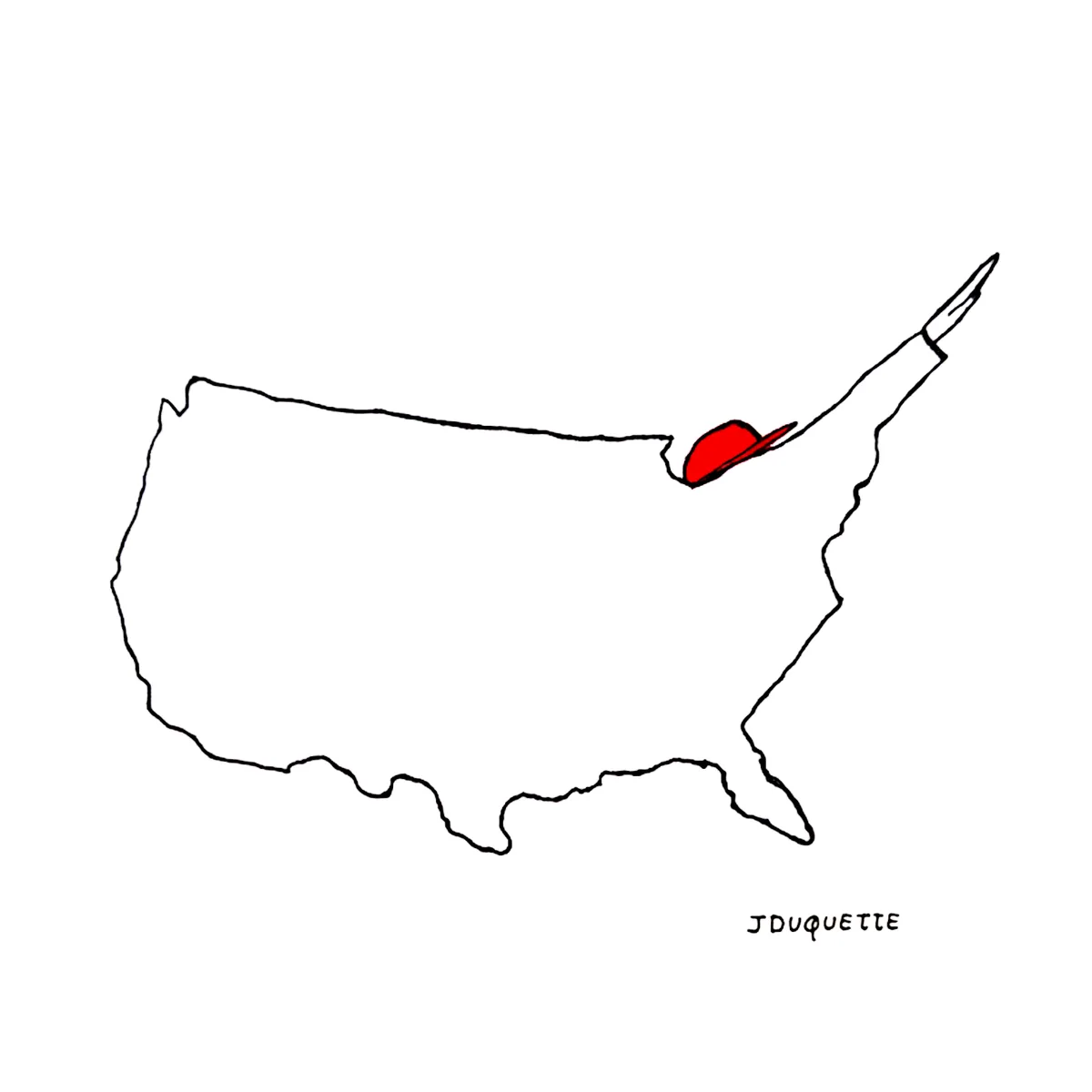 A simple black outline of the United States map with a red baseball cap drawn on the tip of the Alaska peninsula. The…