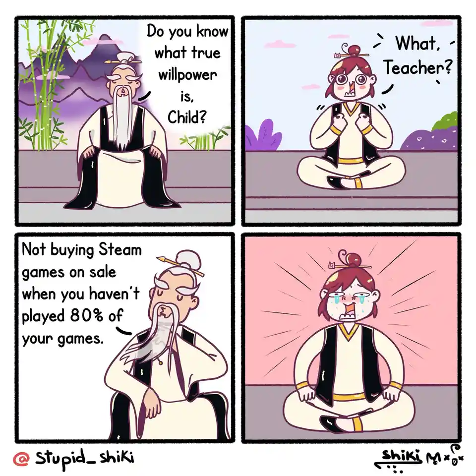 A four-panel comic depicts a wise, bearded teacher in traditional robes asking a young student in similar robes what true…