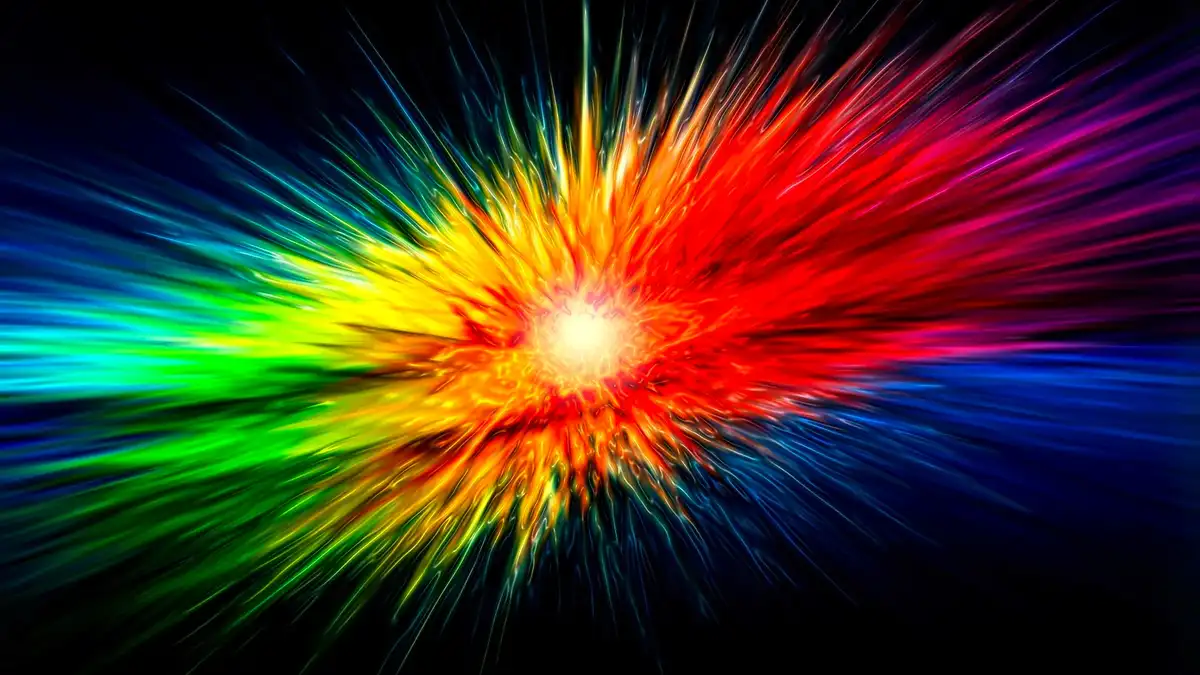 A vibrant, radial explosion of color radiates outward from a bright center against a black background, with streaks of red…