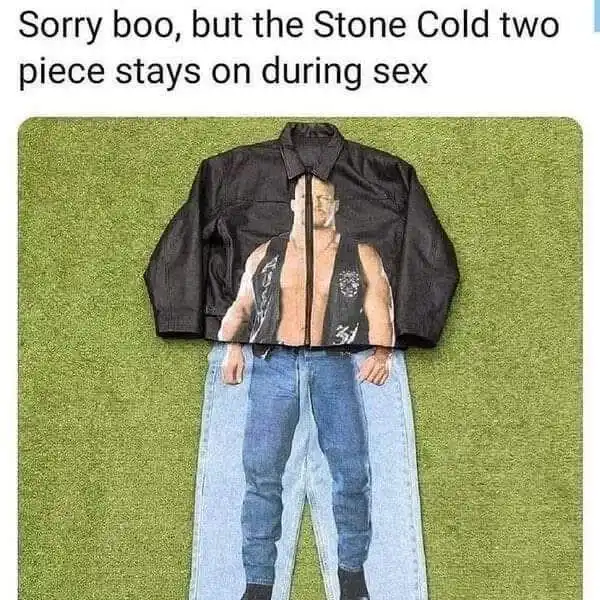 A flat, cut-out image of wrestler Stone Cold Steve Austin is laid out on green grass, showing his black leather jacket…