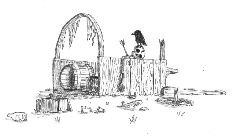 A black-and-white sketch depicts a crow perched atop a human skull, which rests on a weathered wooden fence. Behind the…