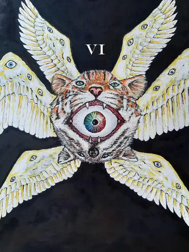A surreal painting depicts a tiger-like creature with green eyes and fangs, its mouth open to reveal a large, colorful…