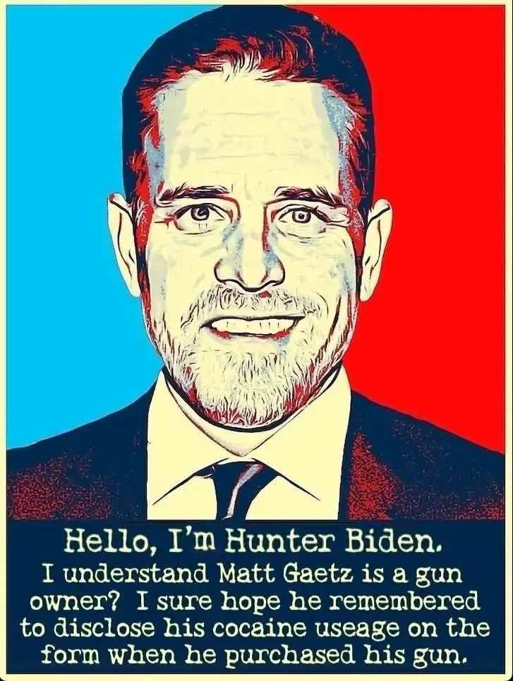 A stylized, pop-art portrait of Hunter Biden with a blue left side and red right side background, wearing a suit and tie…
