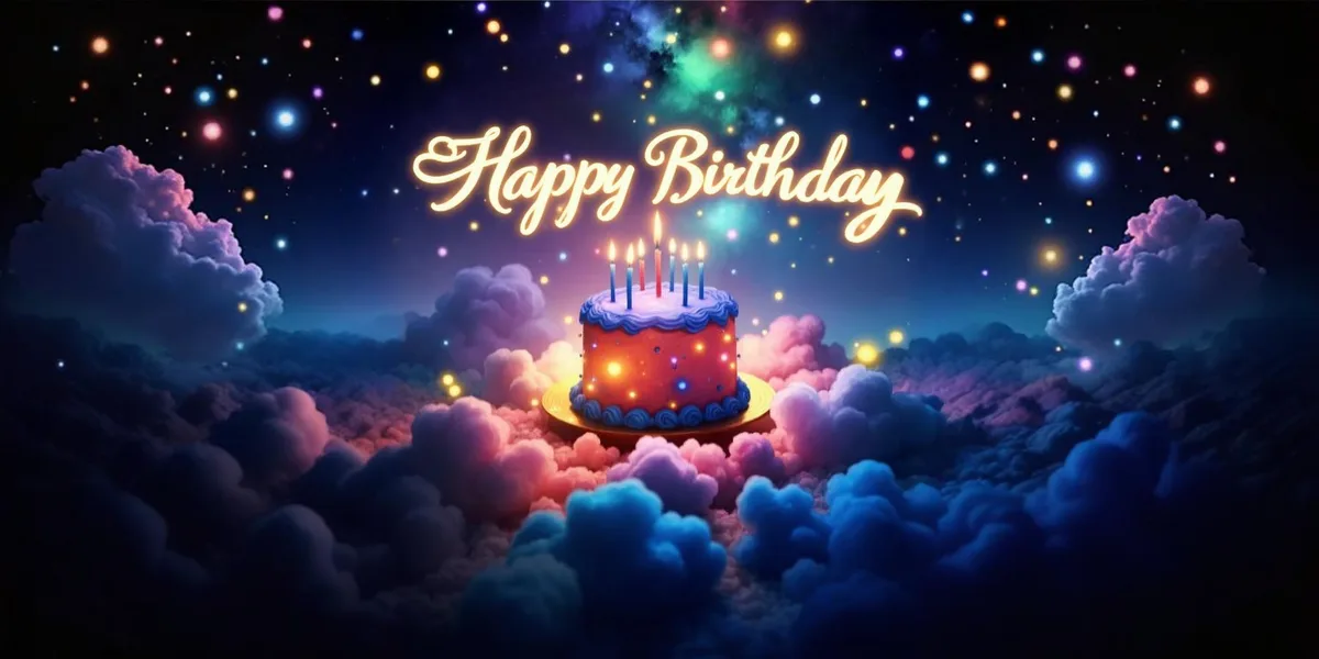 A birthday cake with lit candles sits on a golden plate atop fluffy, colorful clouds under a starry night sky with glowing…