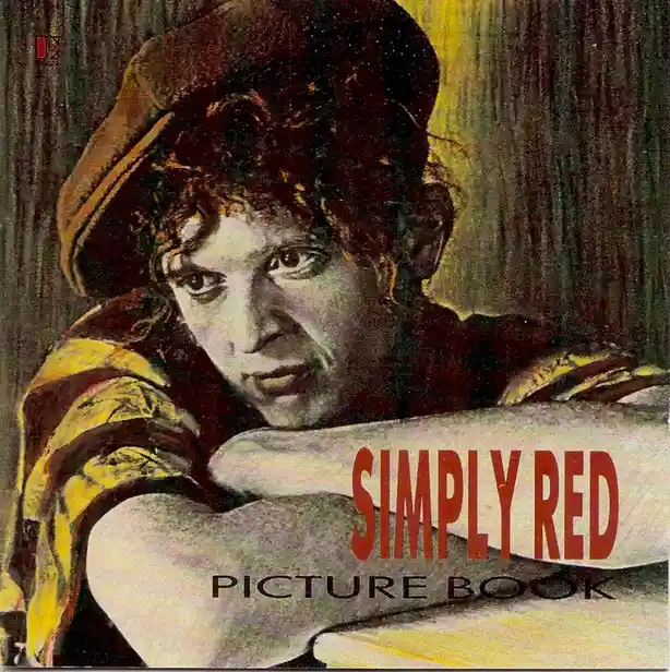 The image shows the album cover for Simply Red's 'Picture Book,' featuring a man with curly hair wearing a hat and a yellow…