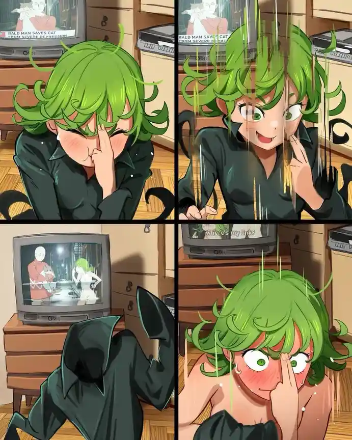 A four-panel comic shows a green-haired anime girl watching TV. Initially, she's smiling and crying with joy as a news…