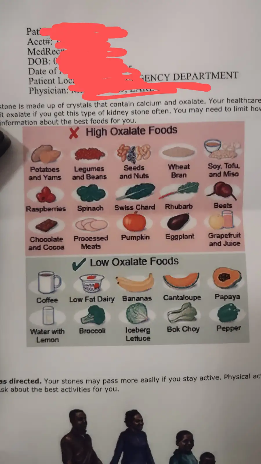A medical pamphlet from an emergency department lists high oxalate foods (like spinach, chocolate, and beets) with red Xs…