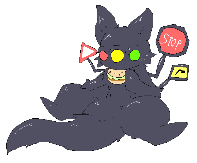 A cartoonish dark grey cat-like creature with mismatched yellow and green eyes sits cross-legged, holding a red stop sign in…