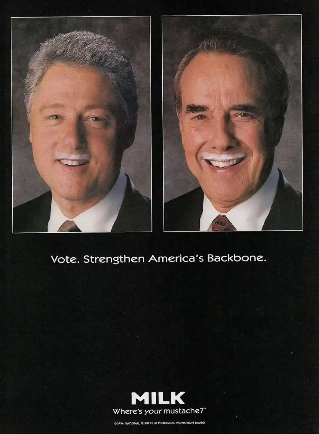 The image displays two side-by-side portraits of U.S. politicians Bill Clinton and Bob Dole, both smiling and with white…