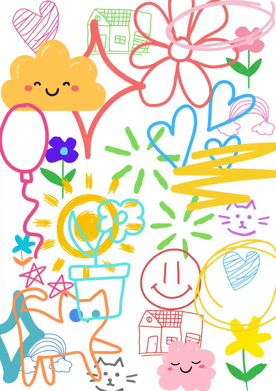 A colorful, childlike drawing collage featuring a smiling yellow cloud, a sun, flowers, hearts, houses, cats, and a potted…