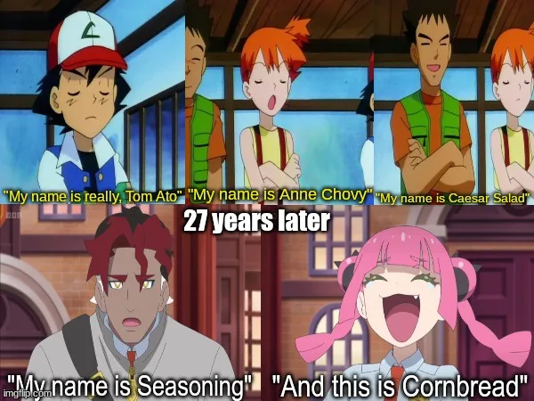 The image is a four-panel meme comparing two groups of anime characters. The top row shows three characters from Pokémon…