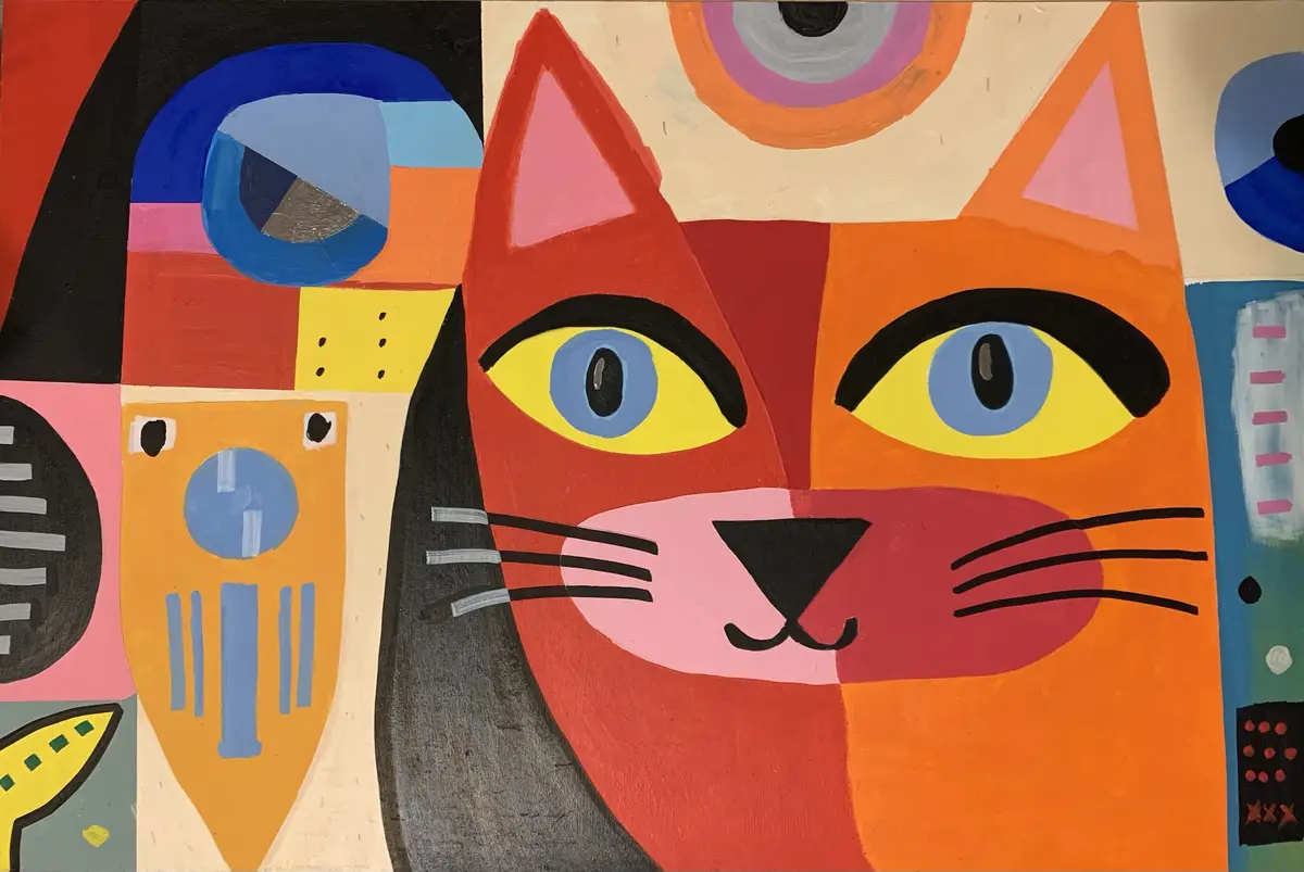 A colorful, abstract painting features a stylized cat with orange and red patches, yellow eyes, and black whiskers…