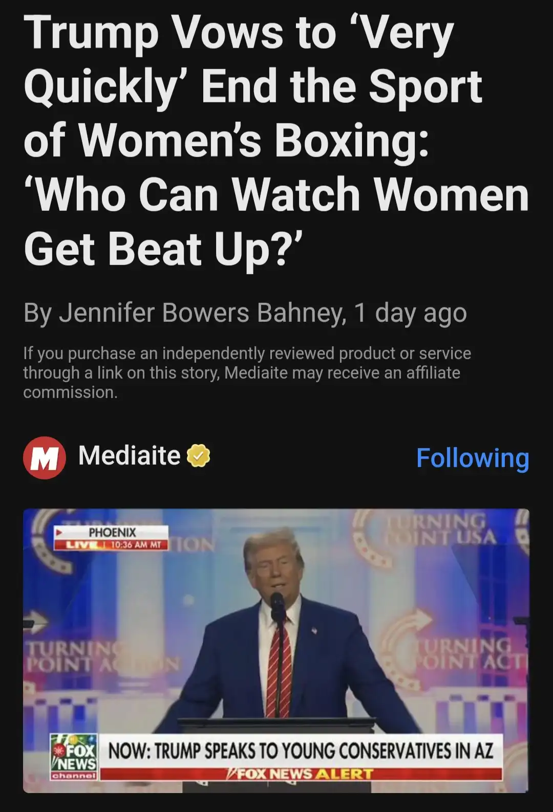 A screenshot of a Fox News broadcast shows Donald Trump speaking at a podium during a Turning Point USA event in Phoenix…