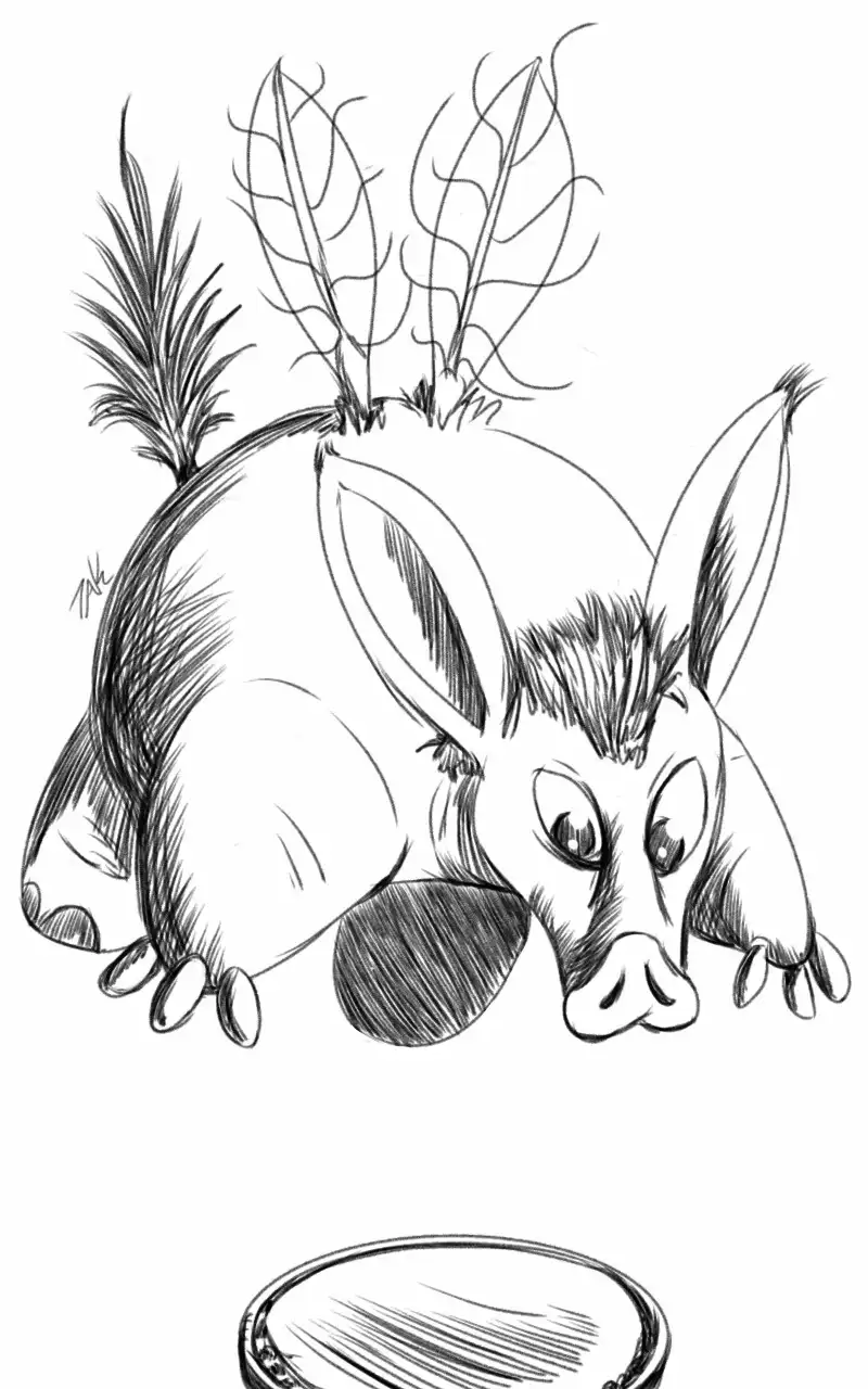 A black-and-white sketch shows a cartoonish, chubby animal with large ears, a pig-like snout, and leafy tufts on its back…