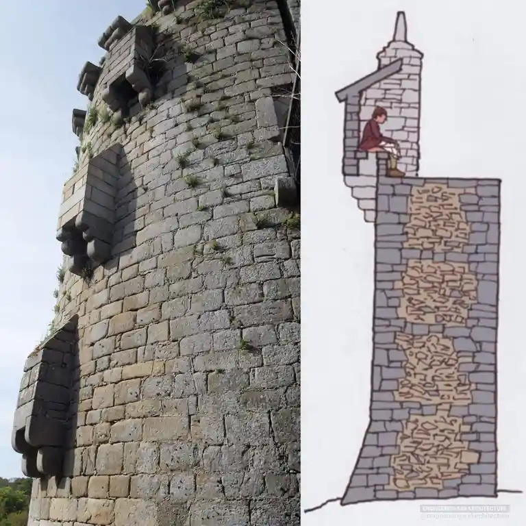 The image displays a split view: on the left, a real stone castle tower with visible crenellations and moss growing in the…