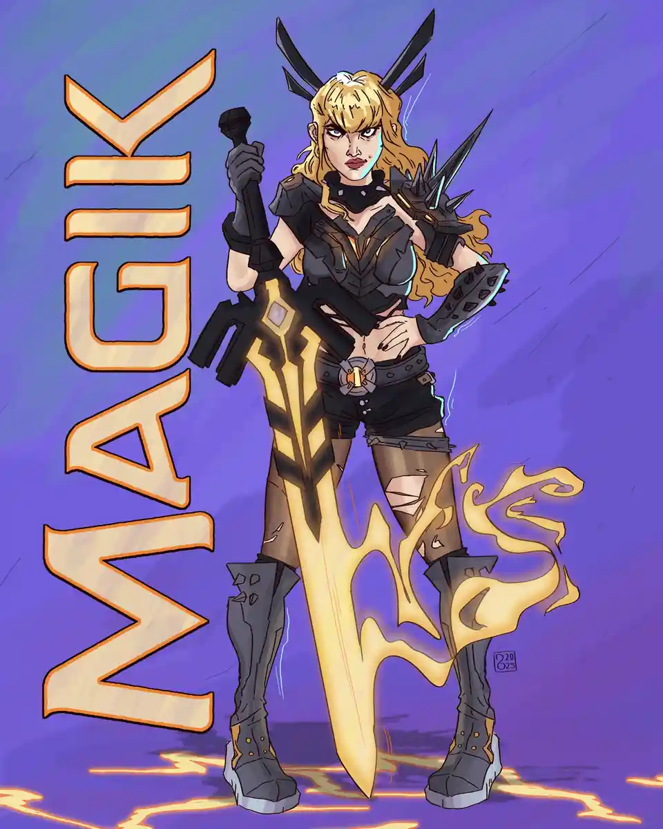 A stylized illustration of a blonde female warrior with horns, wearing black armor and holding a large glowing sword…