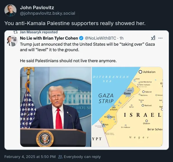 A screenshot of a social media post showing a split image: on the left, Donald Trump speaking at a podium with the White…