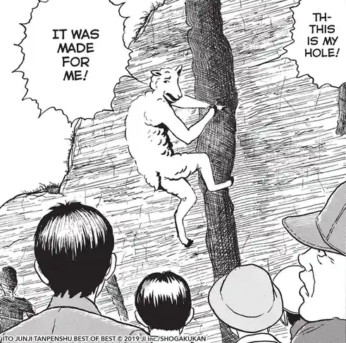 A black-and-white manga panel shows a humanoid sheep climbing a tree trunk while shouting 'IT WAS MADE FOR ME!' as a crowd…