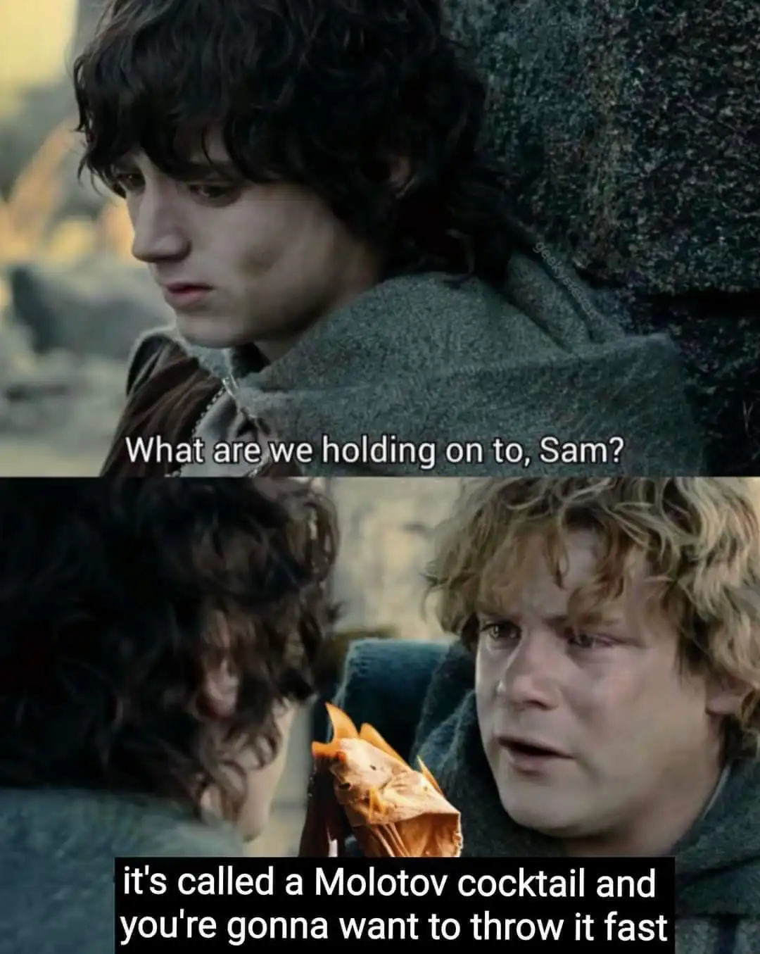 The image is a two-panel meme from 'The Lord of the Rings' featuring Frodo and Sam. In the top panel, Frodo looks downcast…