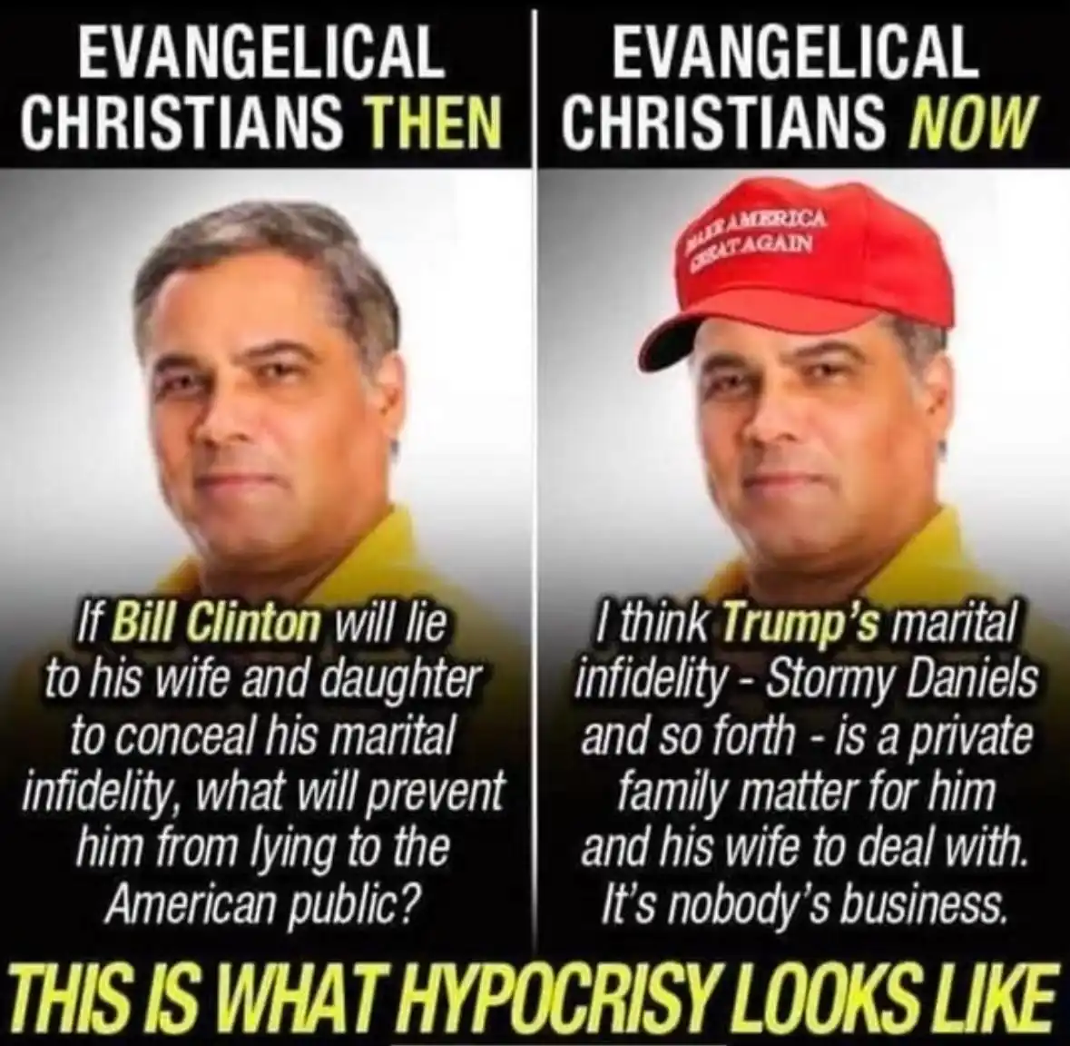 The image is a split-screen meme featuring the same man in both panels. On the left, labeled 'EVANGELICAL CHRISTIANS THEN,'…