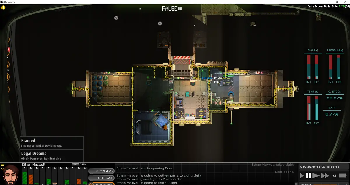 A paused screenshot from the game Ostranauts shows a top-down view of a spaceship's interior with various rooms and systems…