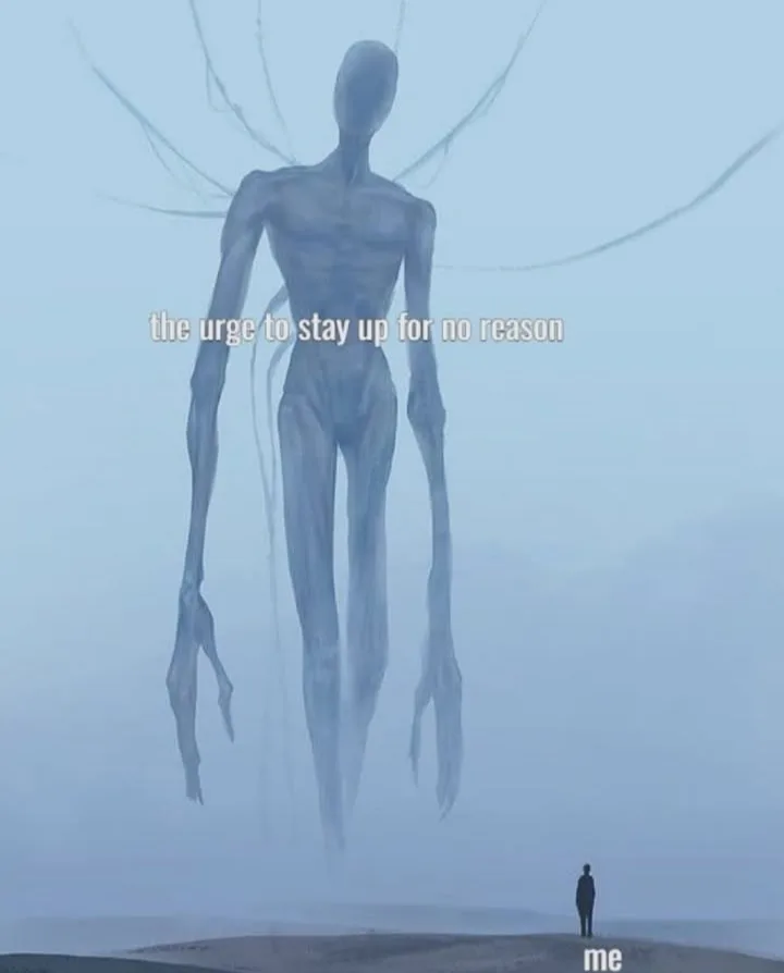 A small human figure labeled 'me' stands on a hill, looking up at a massive, translucent, humanoid entity with long limbs…
