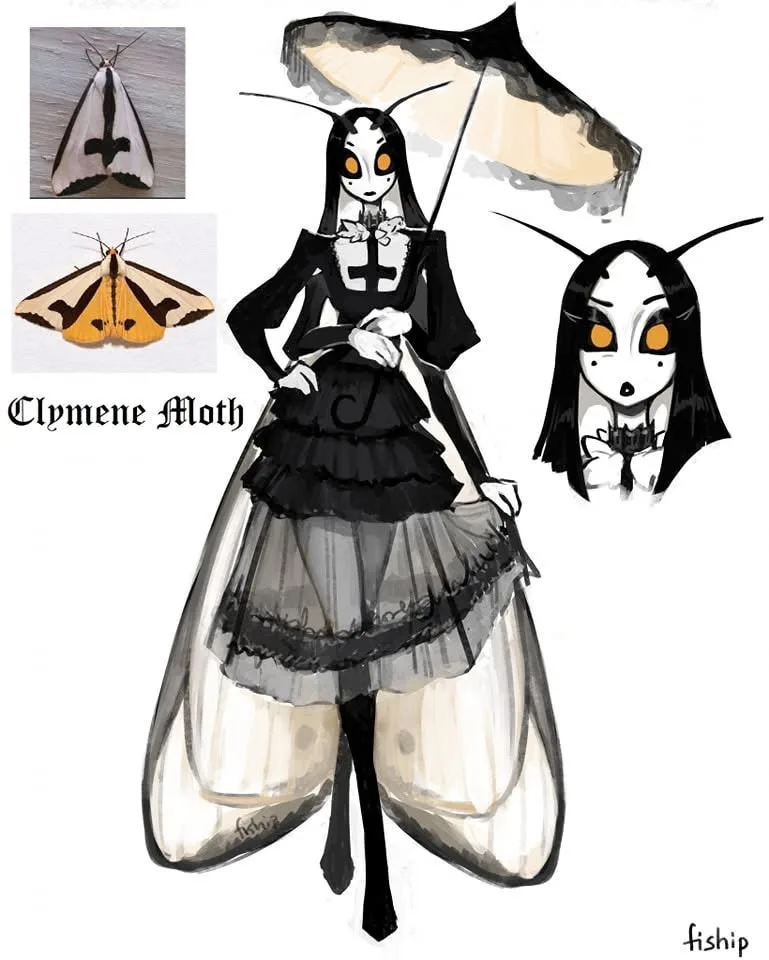 An anime-style character with black hair, orange eyes, and moth-like wings is depicted holding an umbrella, with two inset…