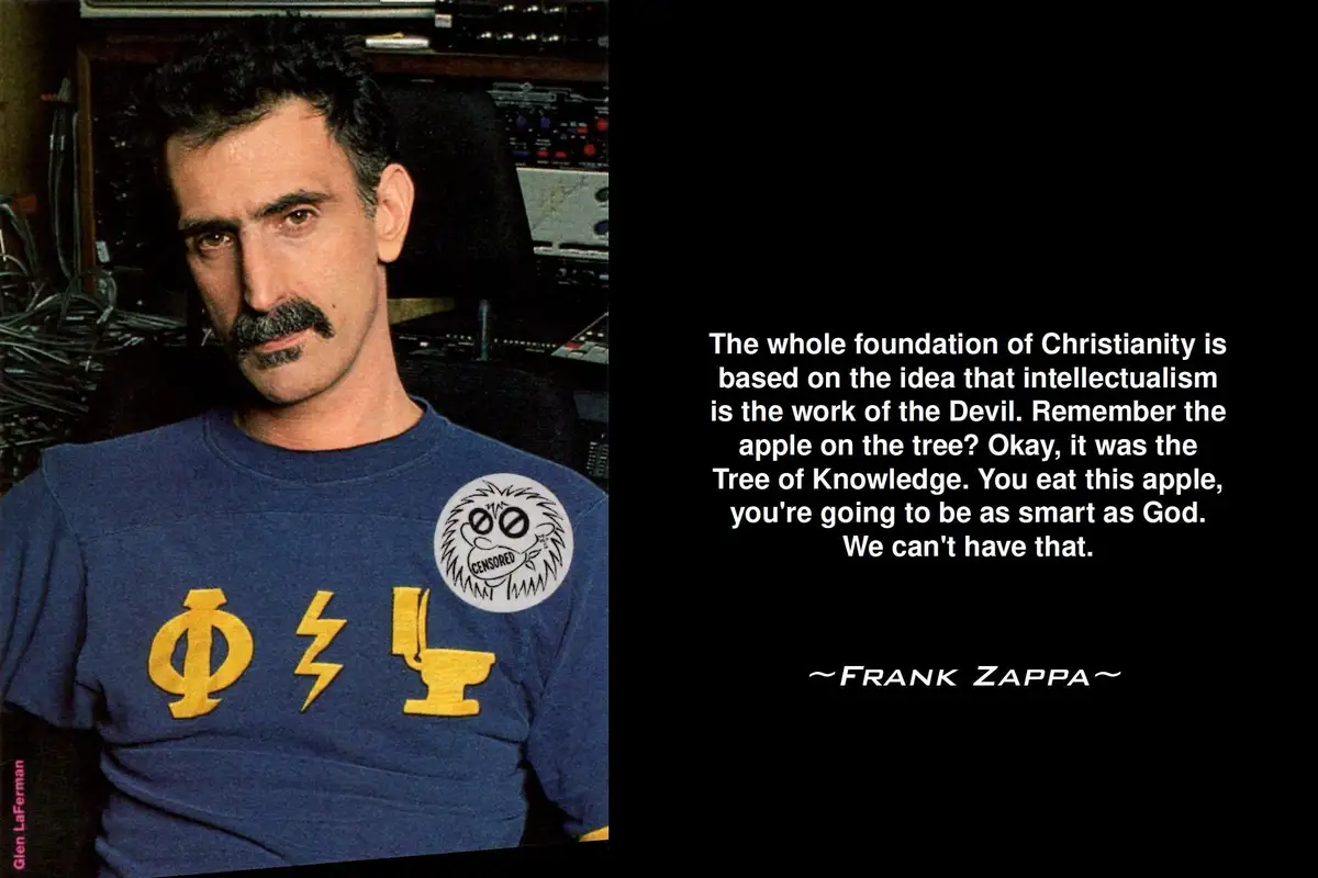 A photograph of Frank Zappa wearing a blue t-shirt with yellow symbols and a 'CENSORED' patch, set against a backdrop of…