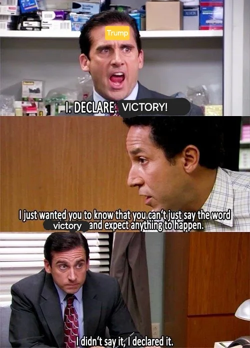 The image is a three-panel meme from 'The Office' featuring Michael Scott. In the top panel, he shouts 'I. DECLARE…