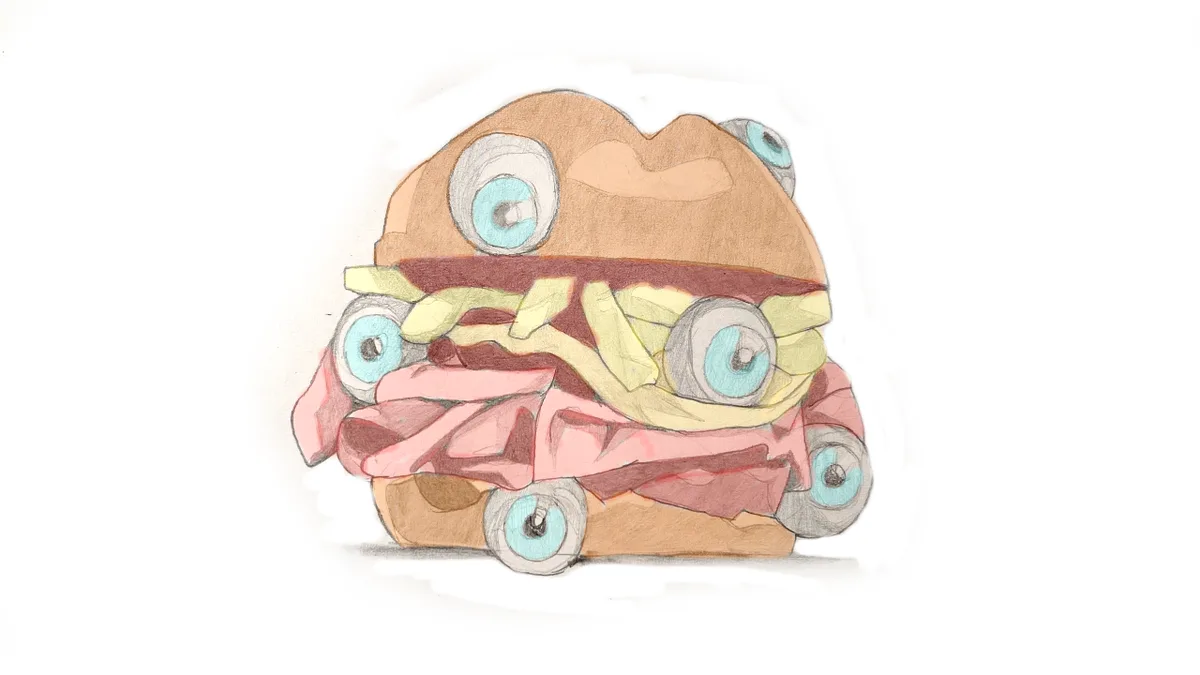 A hand-drawn, colored pencil illustration of a sandwich with multiple cartoonish blue eyes and wheels attached to its…