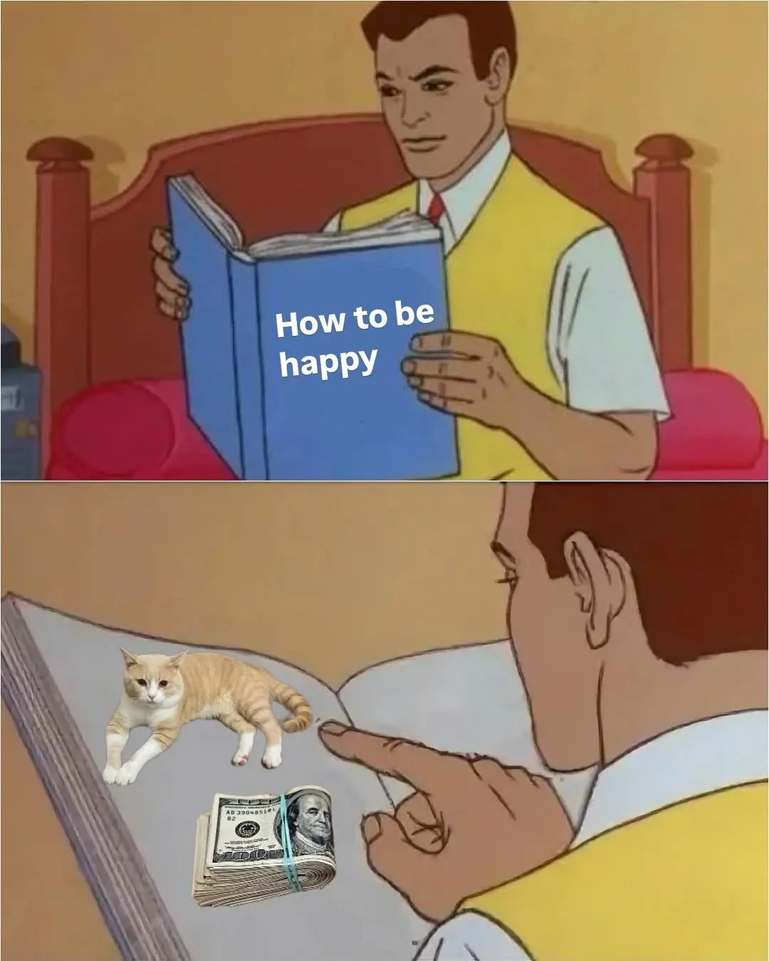 The top panel shows a cartoon man in a yellow vest reading a blue book labeled 'How to be happy'. The bottom panel shows the…
