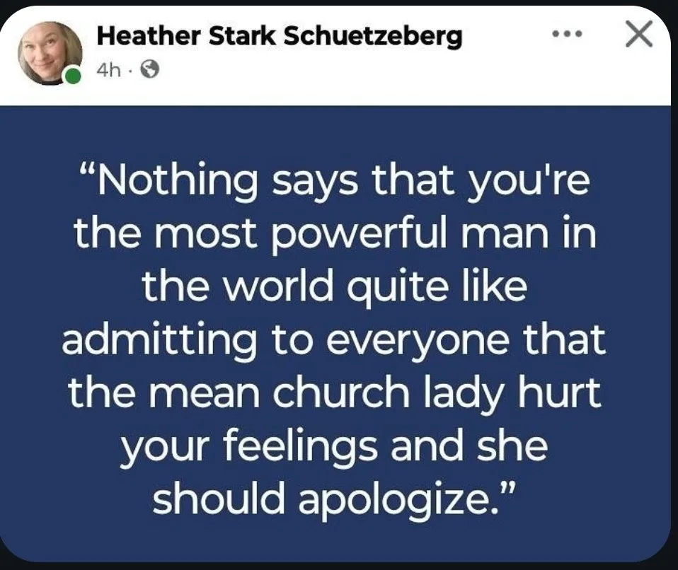 A screenshot of a Facebook post by Heather Stark Schuetzeberg, showing a dark blue background with large white text quoting…