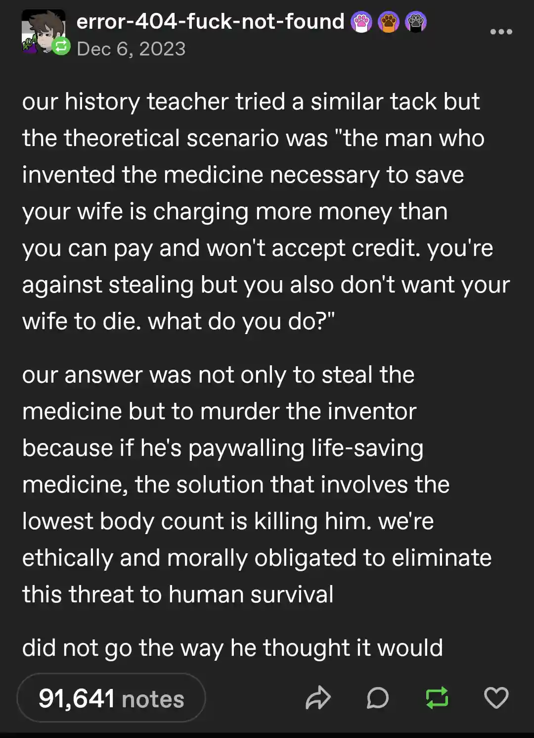 A screenshot of a social media post with white text on a dark background. The text recounts a history teacher's ethical…