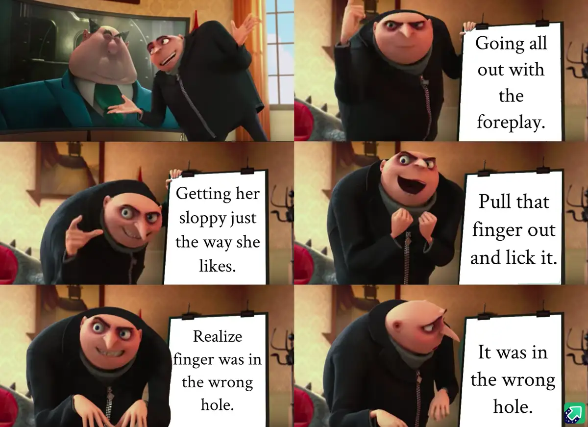 A six-panel meme featuring the animated character Gru from Despicable Me, who holds up clipboards with increasingly explicit…