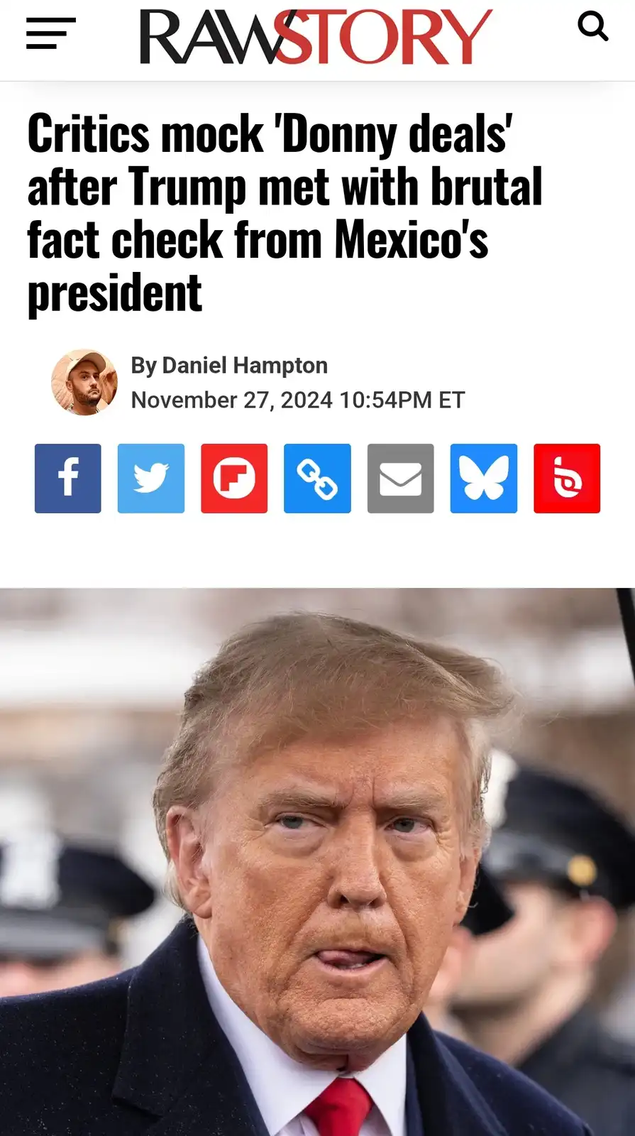 The image displays a screenshot of a RawStory news article with a headline about critics mocking 'Donny deals' after Trump…