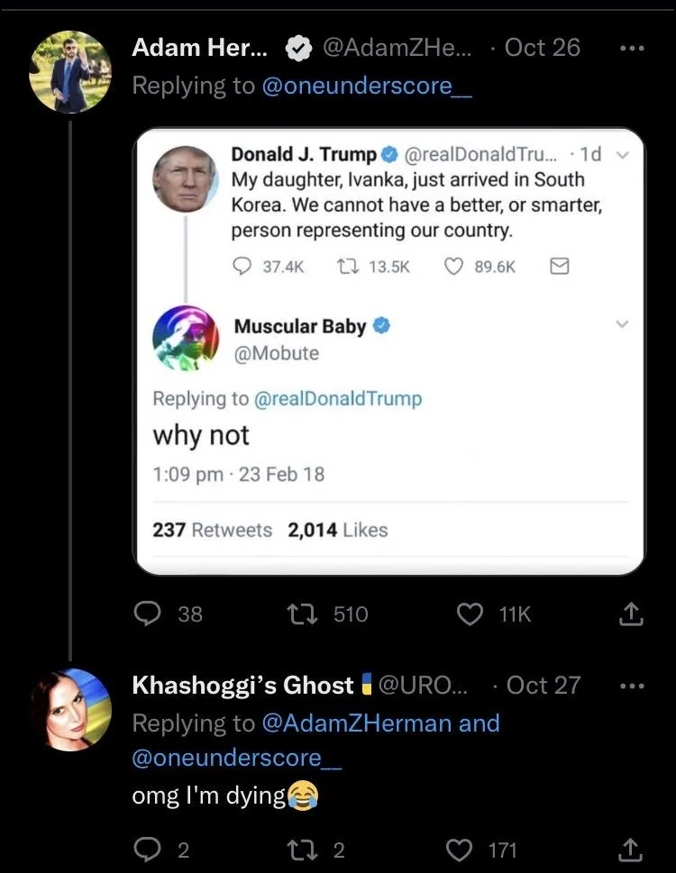 A screenshot of a Twitter thread shows Donald Trump's tweet praising his daughter Ivanka for arriving in South Korea. Below…