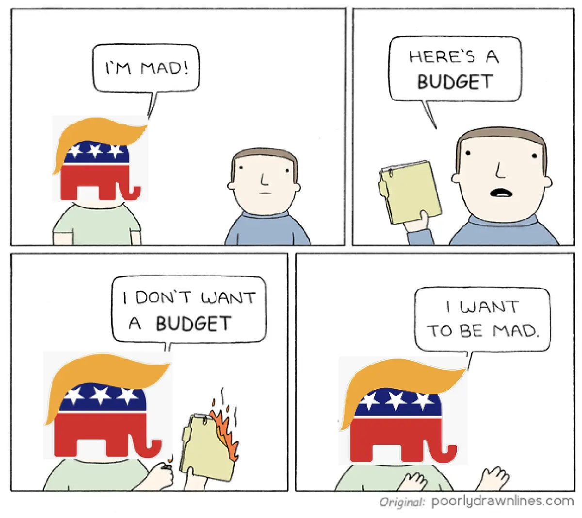 A four-panel comic strip shows a person with a red elephant head and Trump-style hair yelling 'I'M MAD!' Another person…