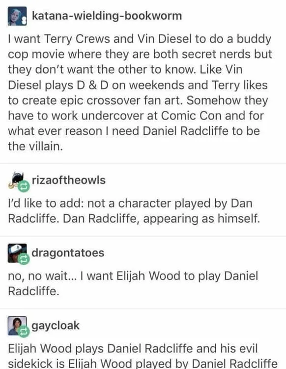 A screenshot of a Reddit thread where users are collaboratively brainstorming a fictional buddy cop movie. The first post…