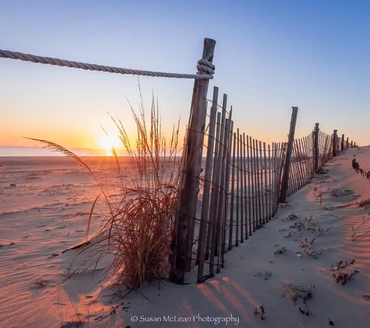 A serene beach scene at sunrise with a wooden fence and rope stretching across sandy dunes, featuring tall grasses in the…