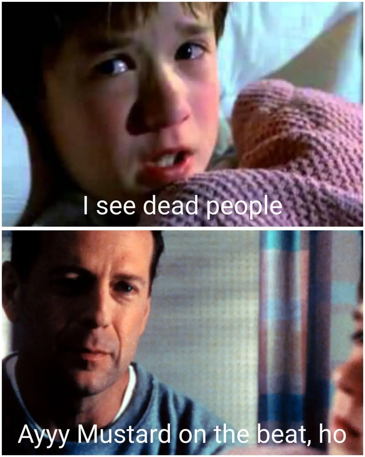 The top panel shows a young boy with wide, startled eyes and an open mouth, looking alarmed, with the text 'I see dead…