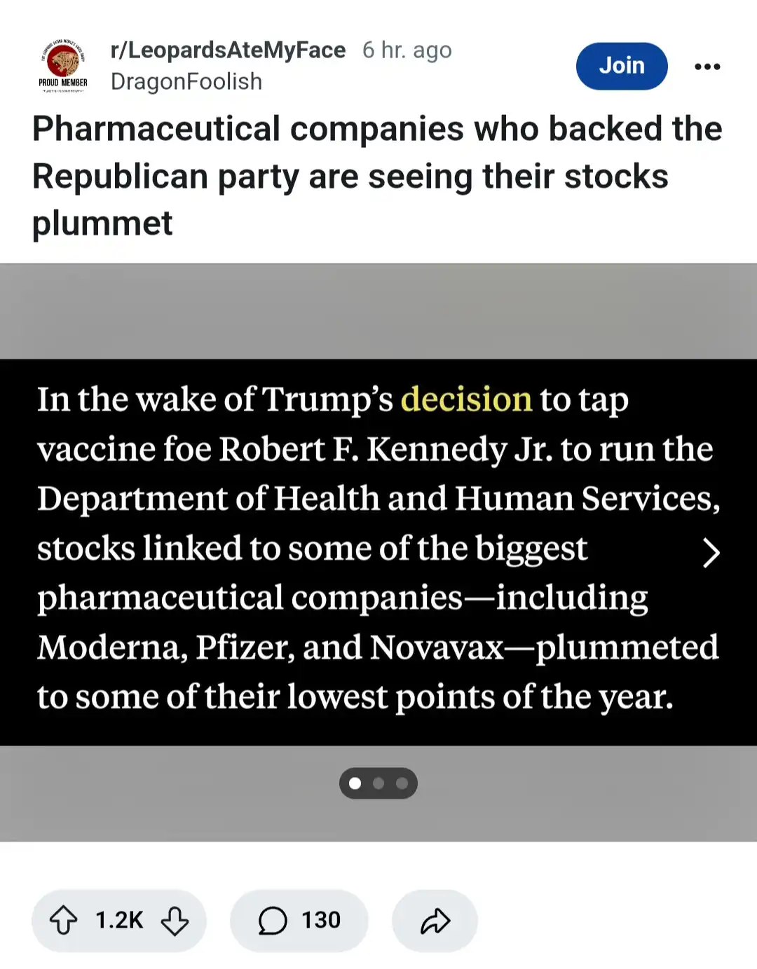 The image displays a screenshot of a Reddit post from r/LeopardsAteMyFace, showing a news article snippet. The article text…